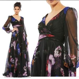 Mac Duggal 67872 Black 2 Floral Chiffon Long Sleeve Formal Gown Maxi Dress